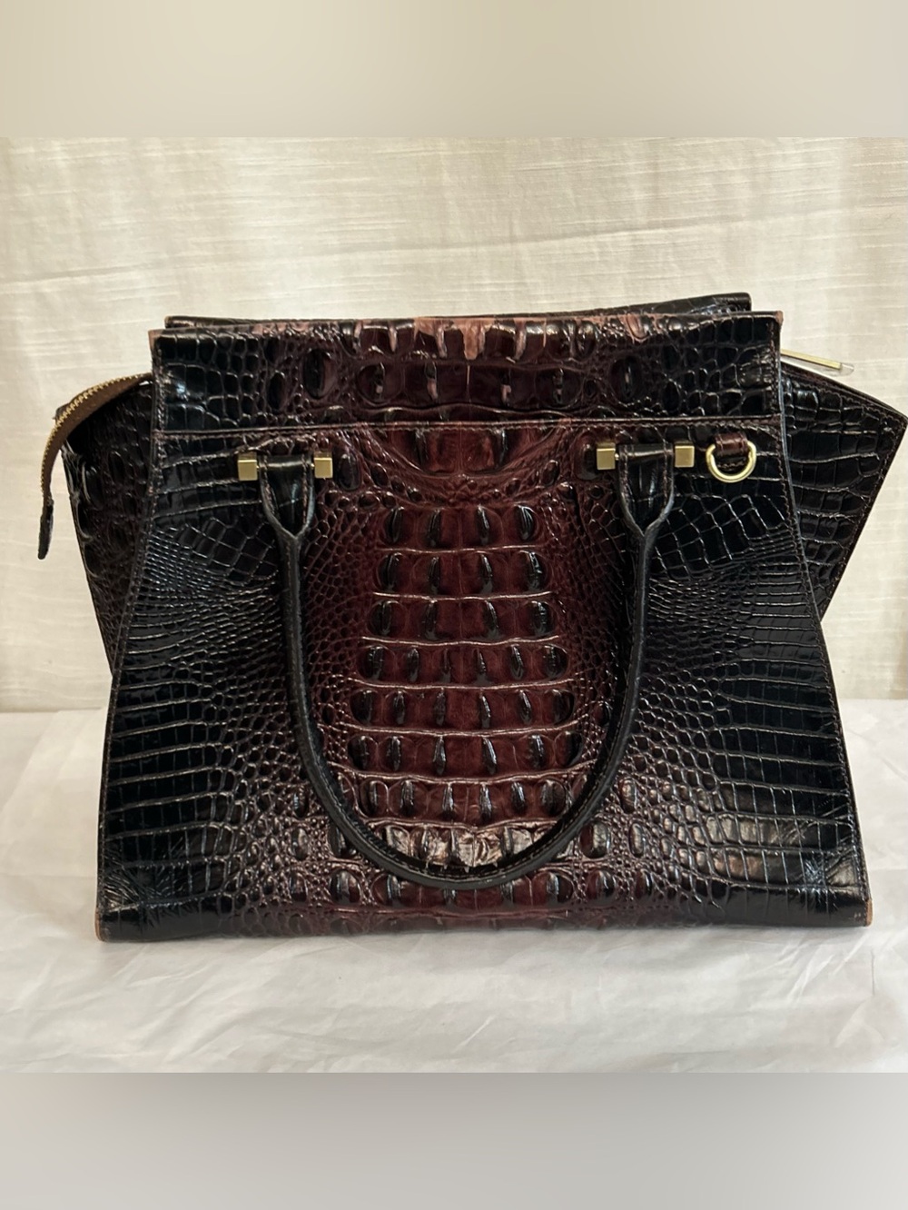 Brahmin Priscilla Classic Dark Brown Croc-Embossed Structured Satchel Handbag - Picture 11 of 16